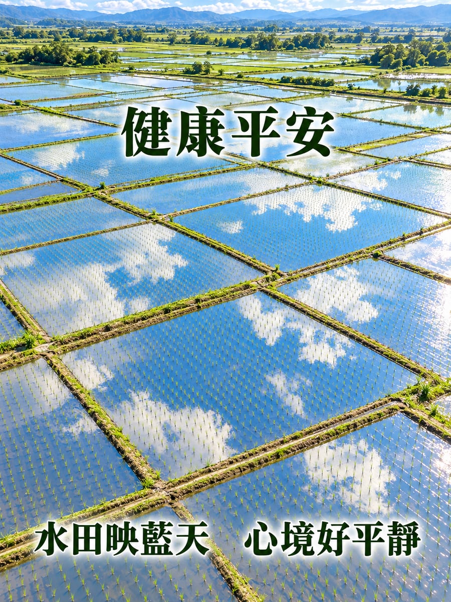 水田映藍天。圖中文字：健康平安，水田映藍天，心境好平靜