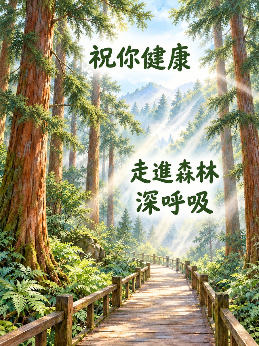 走進柳杉林。圖中文字：祝你健康，走進森林，深呼吸