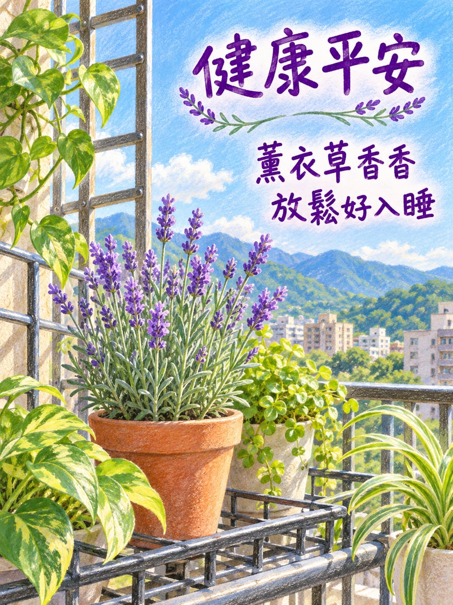 一盆薰衣草。圖中文字：健康平安，薰衣草香香，放鬆好入睡