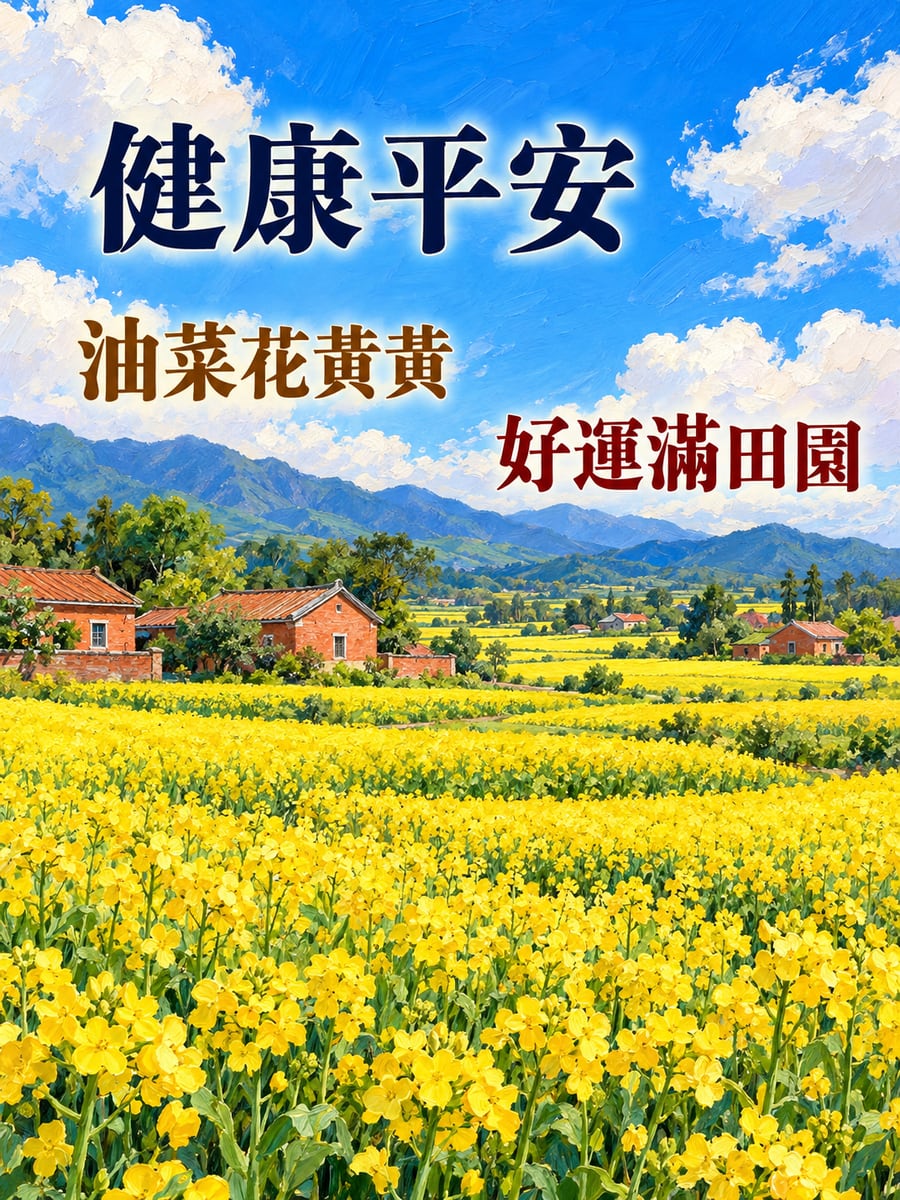 油菜花田。圖中文字：健康平安，油菜花黃黃，好運滿田園
