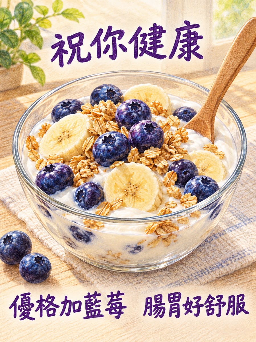 藍莓優格。圖中文字：祝你健康，優格加藍莓，腸胃好舒服