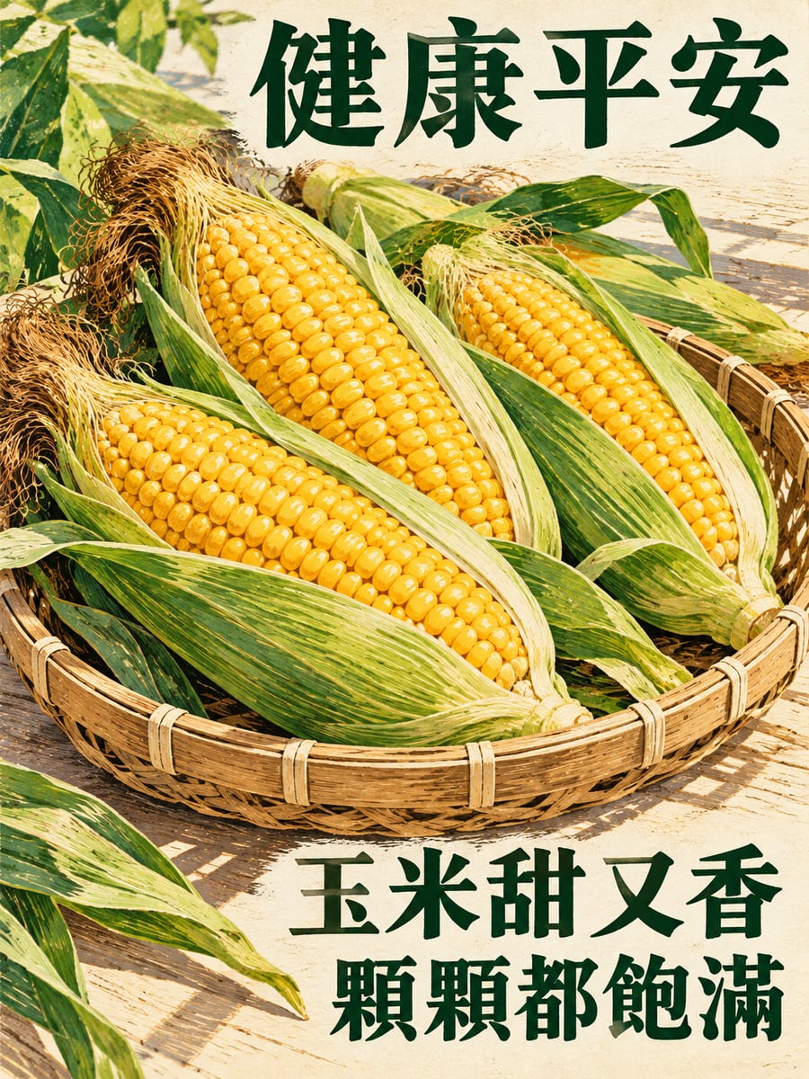 一籃甜玉米。圖中文字：健康平安，玉米甜又香，顆顆都飽滿