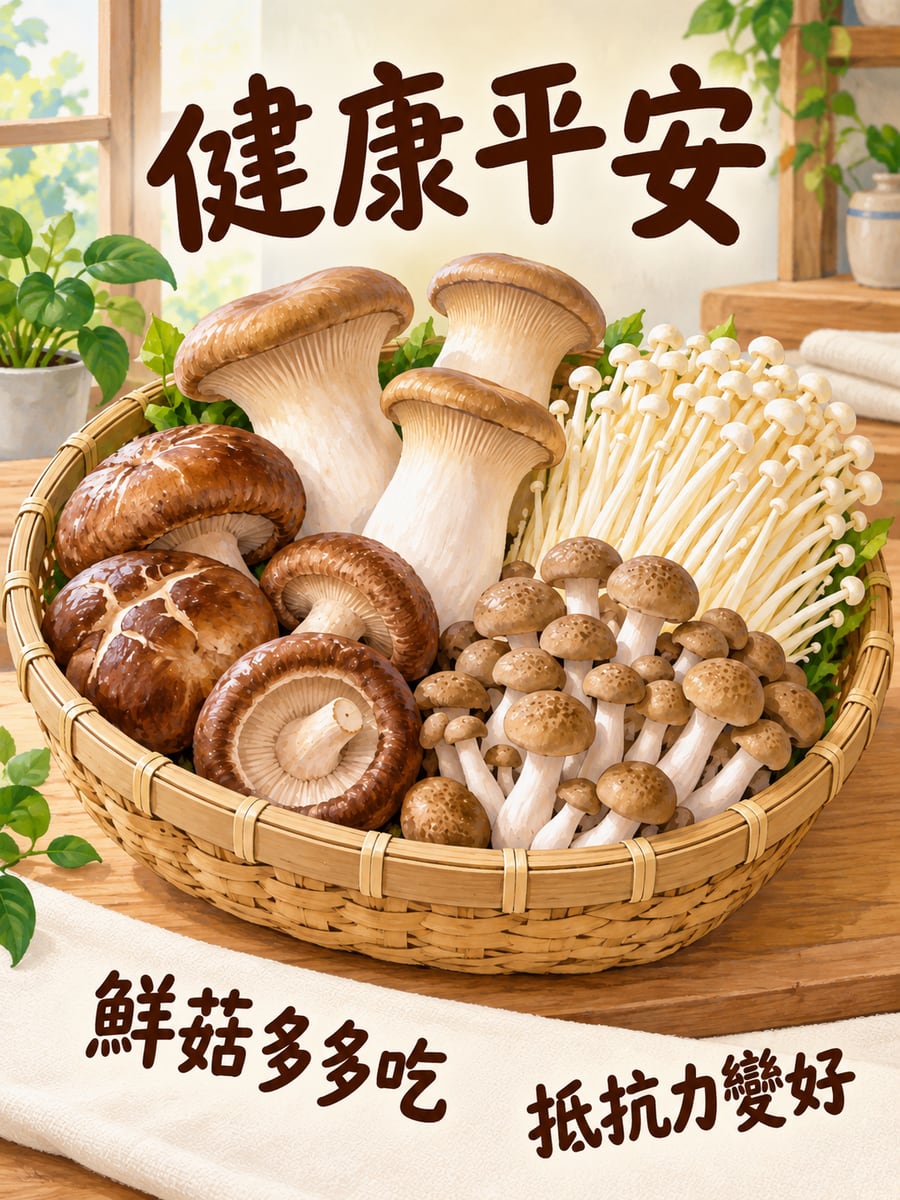 一籃鮮菇。圖中文字：健康平安，鮮菇多多吃，抵抗力變好