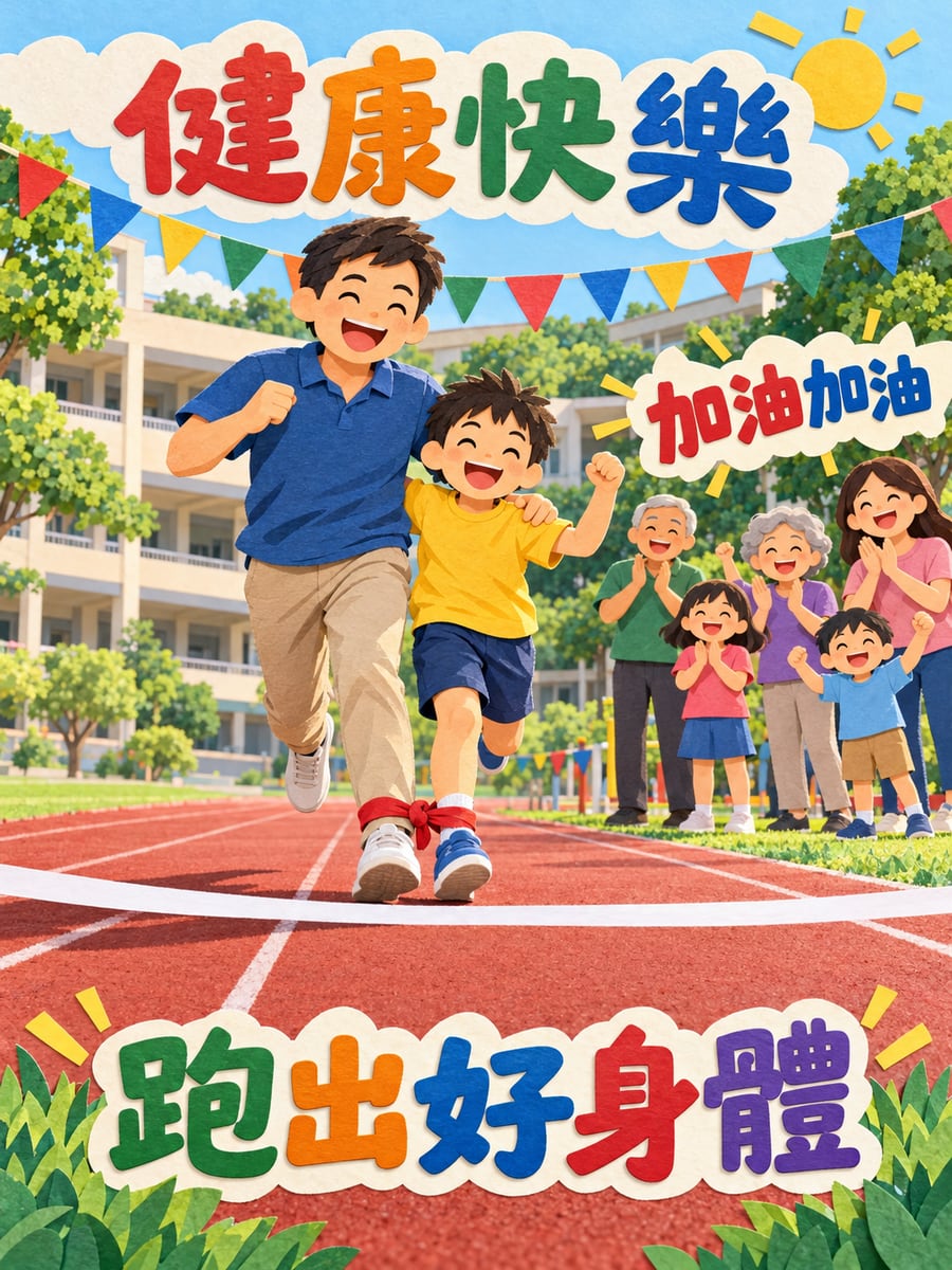 親子運動會。圖中文字：健康快樂，加油加油，跑出好身體