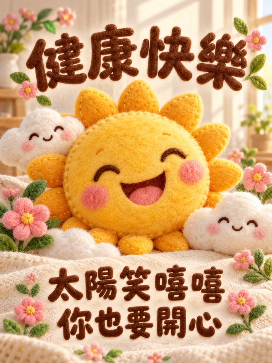毛氈太陽笑嘻嘻。圖中文字：健康快樂，太陽笑嘻嘻，你也要開心