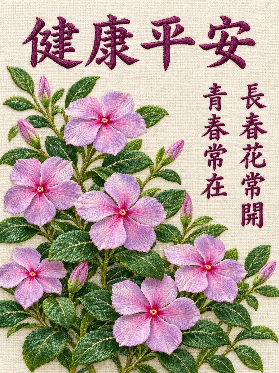 刺繡長春花。圖中文字：健康平安，長春花常開，青春常在
