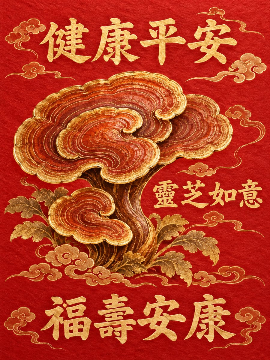 靈芝如意。圖中文字：健康平安，靈芝如意，福壽安康