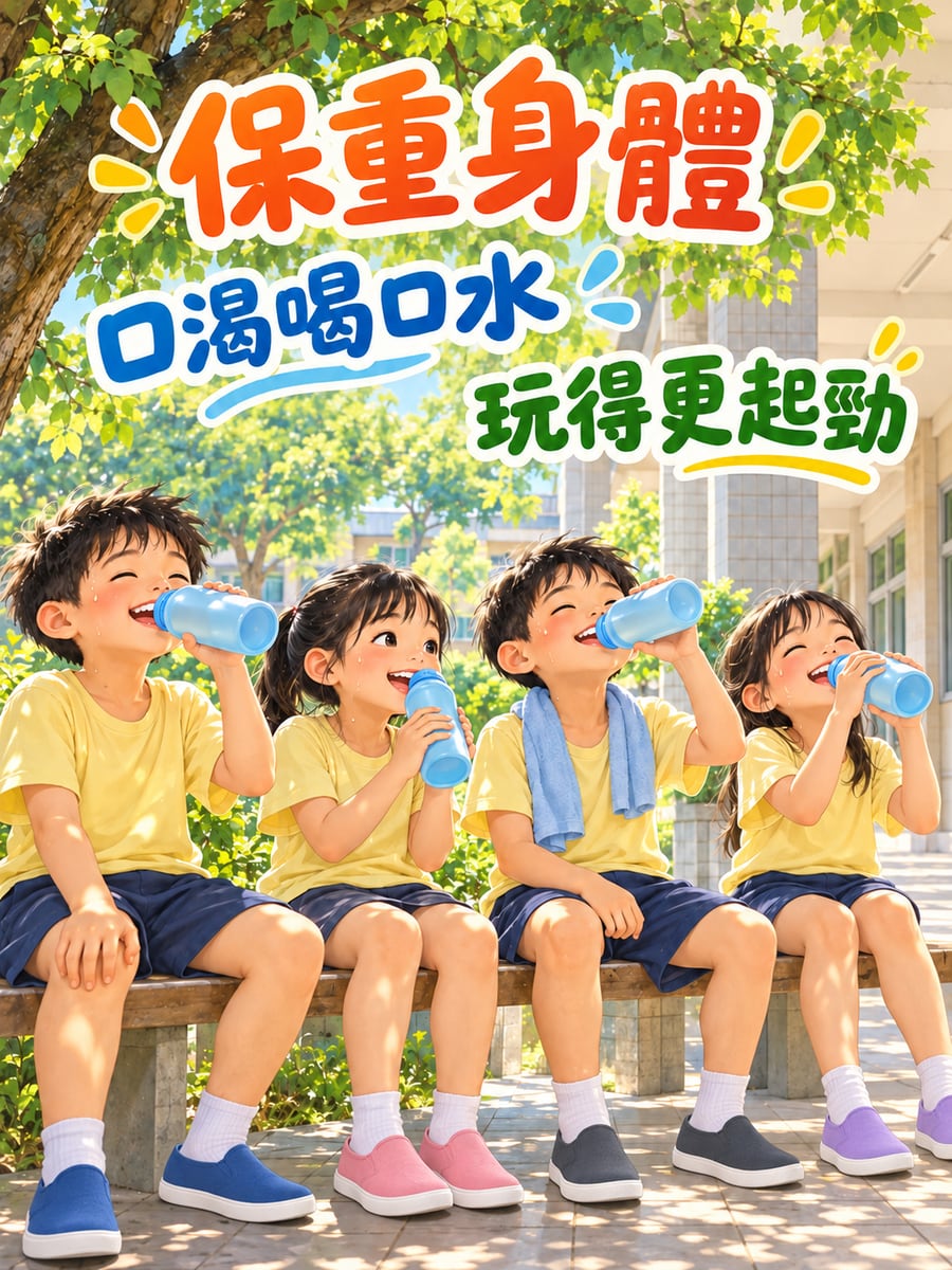 小朋友喝水休息。圖中文字：保重身體，口渴喝口水，玩得更起勁