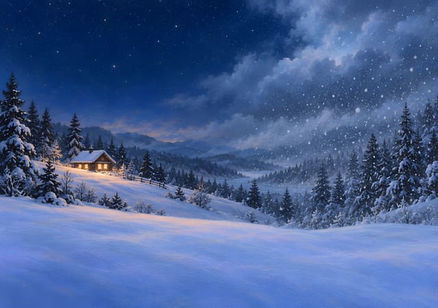 山坡木屋從星夜到飄雪，iPhone Duo 內螢幕桌布，圖上沒有文字