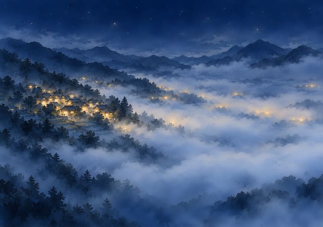 沉進夜霧的山村燈火，iPhone Duo 內螢幕桌布，圖上沒有文字