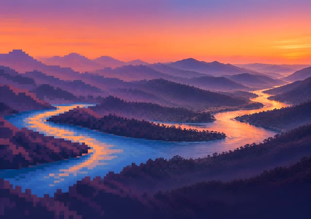 像素河流變成真的黃昏河景，iPhone Duo 內螢幕桌布，圖上沒有文字
