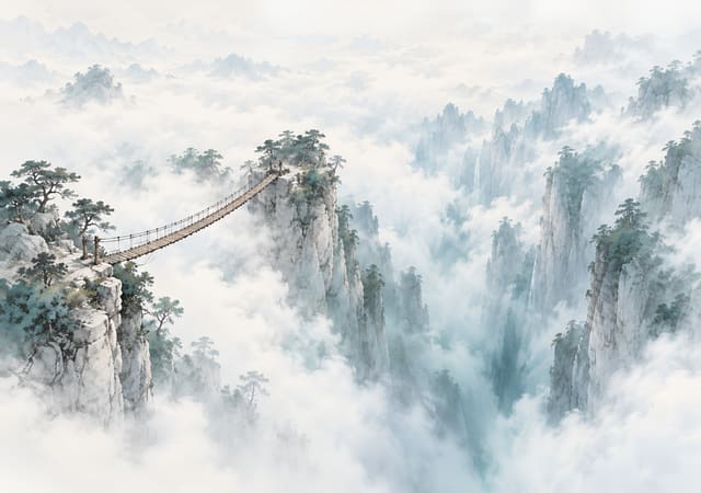 橫跨雲霧深谷的木吊橋，iPhone Duo 內螢幕桌布，圖上沒有文字