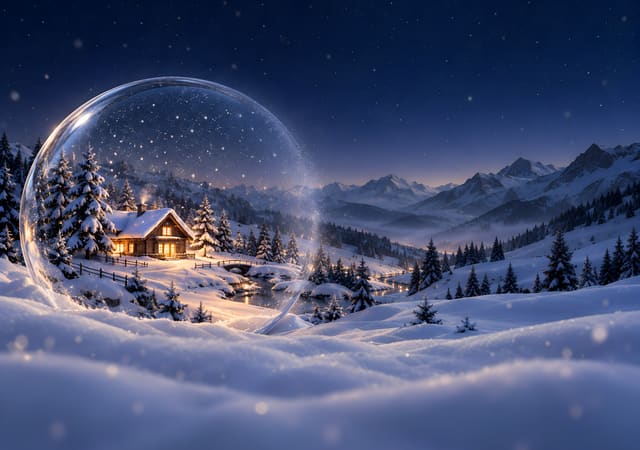 雪花球化成雪夜山景，iPhone Duo 內螢幕桌布，圖上沒有文字