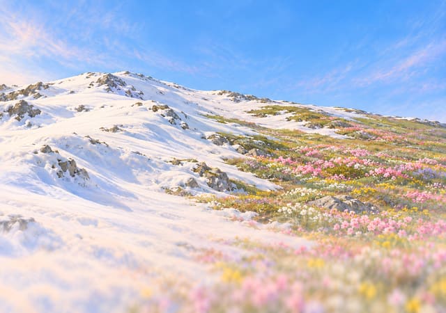 融雪山坡開滿春花，iPhone Duo 內螢幕桌布，圖上沒有文字
