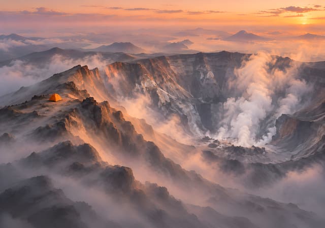 火山口稜線上的橘色帳篷，iPhone Duo 內螢幕桌布，圖上沒有文字
