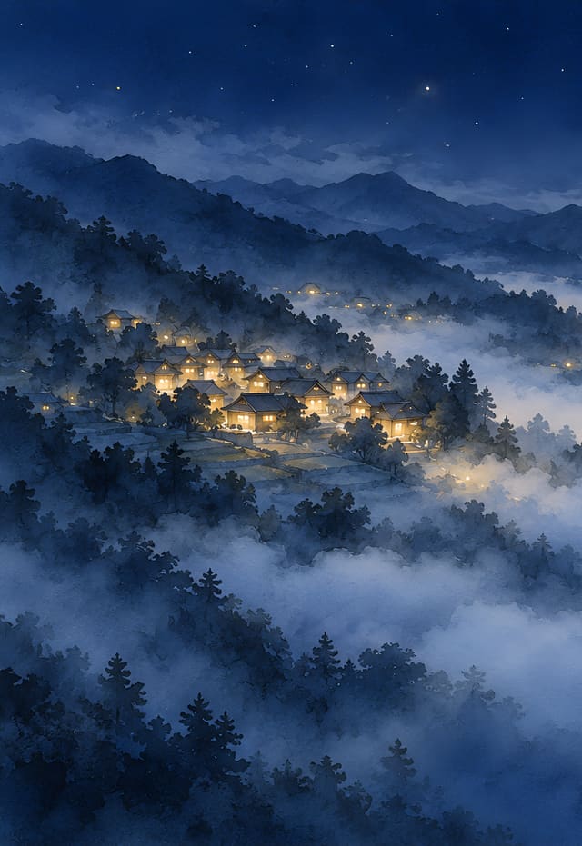 沉進夜霧的山村燈火，iPhone Duo 外螢幕桌布，圖上沒有文字