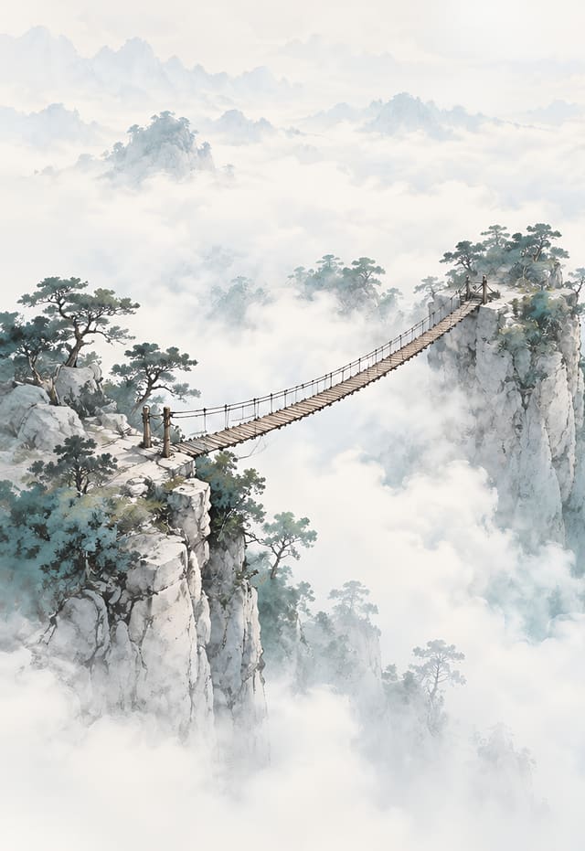 橫跨雲霧深谷的木吊橋，iPhone Duo 外螢幕桌布，圖上沒有文字