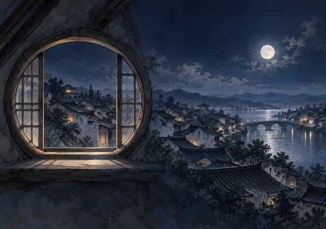 圓窗外的月夜小鎮，iPhone Duo 內螢幕桌布，圖上沒有文字