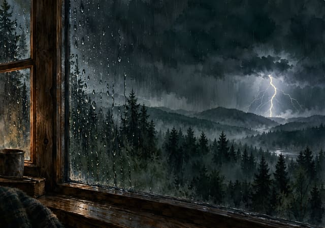 木屋雨窗外的閃電，iPhone Duo 內螢幕桌布，圖上沒有文字