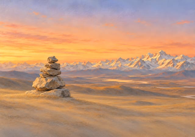 高原石堆與遠方雪山，iPhone Duo 內螢幕桌布，圖上沒有文字