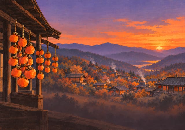 柿子串與山村晚霞，iPhone Duo 內螢幕桌布，圖上沒有文字