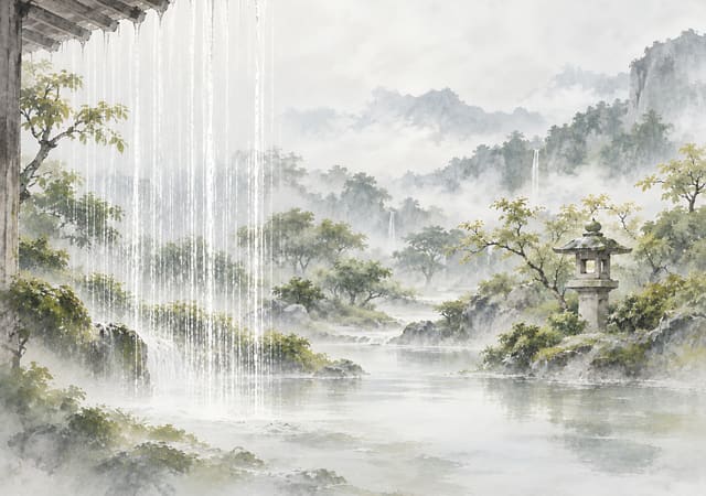 簷下雨簾與庭園，iPhone Duo 內螢幕桌布，圖上沒有文字