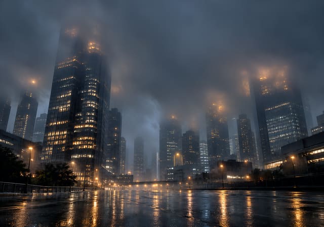 高樓隱入雨夜低雲，iPhone Duo 內螢幕桌布，圖上沒有文字