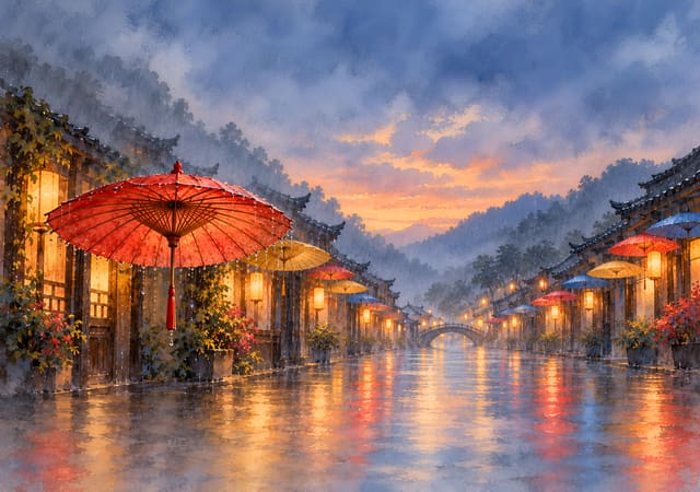 油紙傘與雨中老街，iPhone Duo 內螢幕桌布，圖上沒有文字