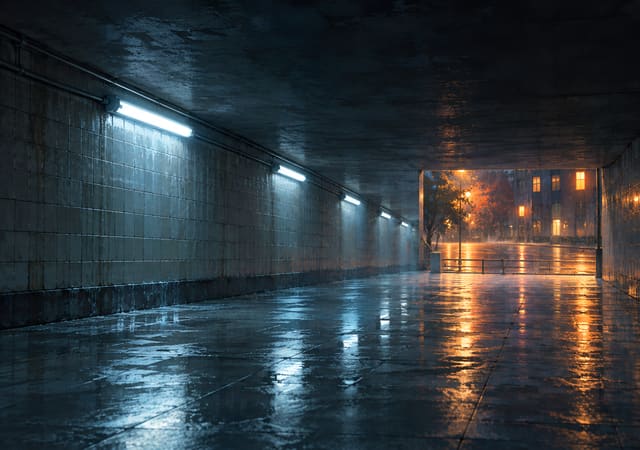 地下道盡頭的雨夜街口，iPhone Duo 內螢幕桌布，圖上沒有文字