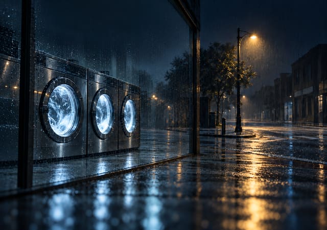 自助洗衣店的雨夜，iPhone Duo 內螢幕桌布，圖上沒有文字
