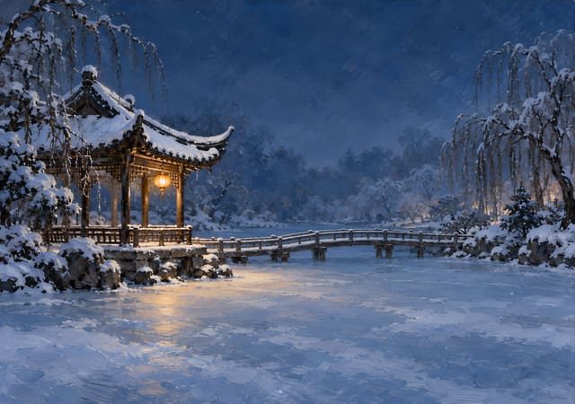 雪夜涼亭與結冰池塘，iPhone Duo 內螢幕桌布，圖上沒有文字
