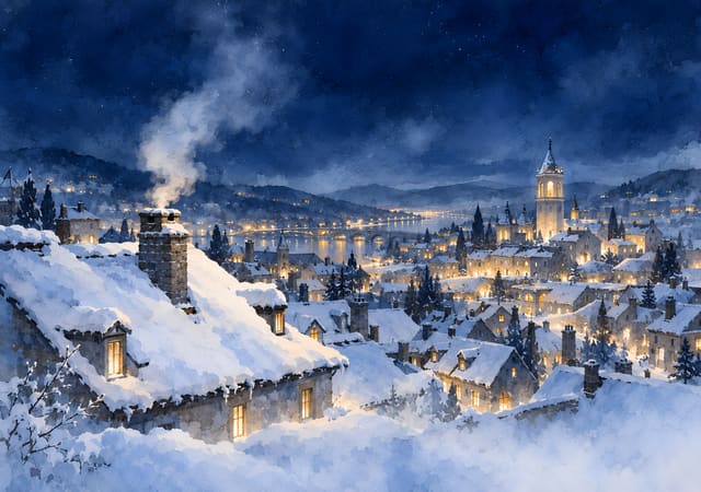 煙囪輕煙與雪夜小鎮，iPhone Duo 內螢幕桌布，圖上沒有文字
