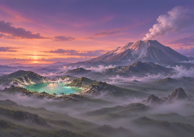 碧綠水潭與冒煙火山，iPhone Duo 內螢幕桌布，圖上沒有文字