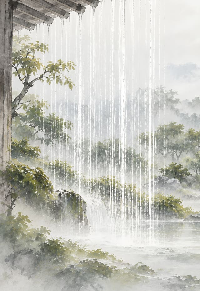 簷下雨簾與庭園，iPhone Duo 外螢幕桌布，圖上沒有文字