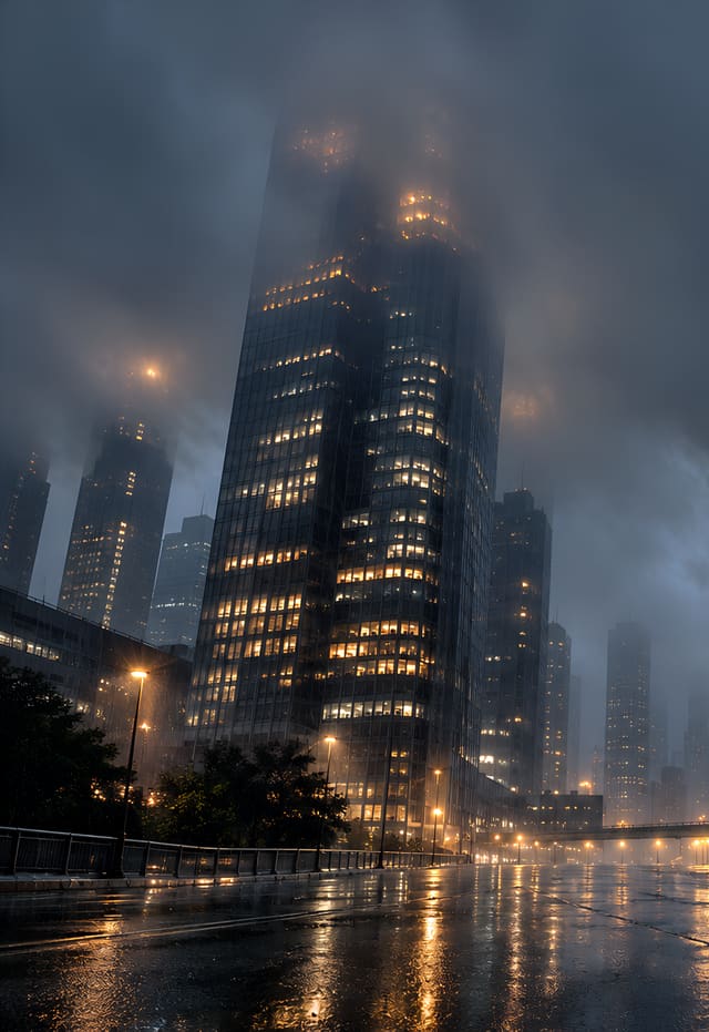 高樓隱入雨夜低雲，iPhone Duo 外螢幕桌布，圖上沒有文字