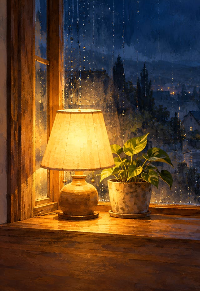 檯燈亮著的雨夜窗台，iPhone Duo 外螢幕桌布，圖上沒有文字
