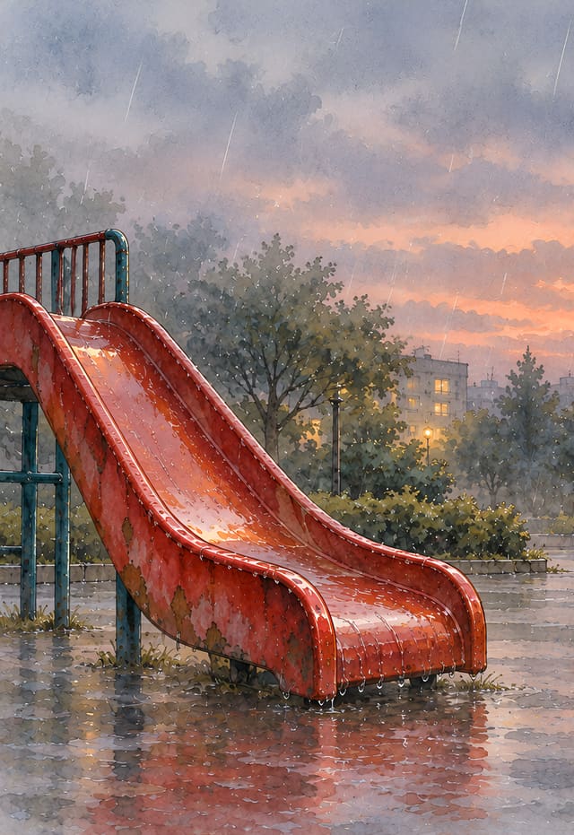 紅溜滑梯與雨中公園，iPhone Duo 外螢幕桌布，圖上沒有文字