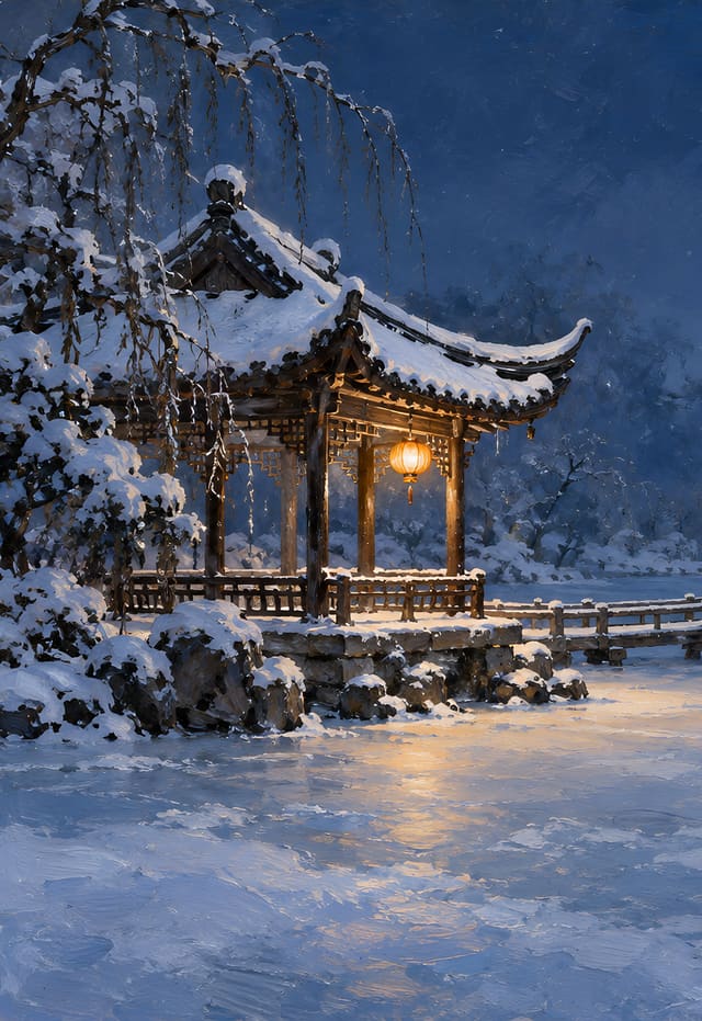 雪夜涼亭與結冰池塘，iPhone Duo 外螢幕桌布，圖上沒有文字