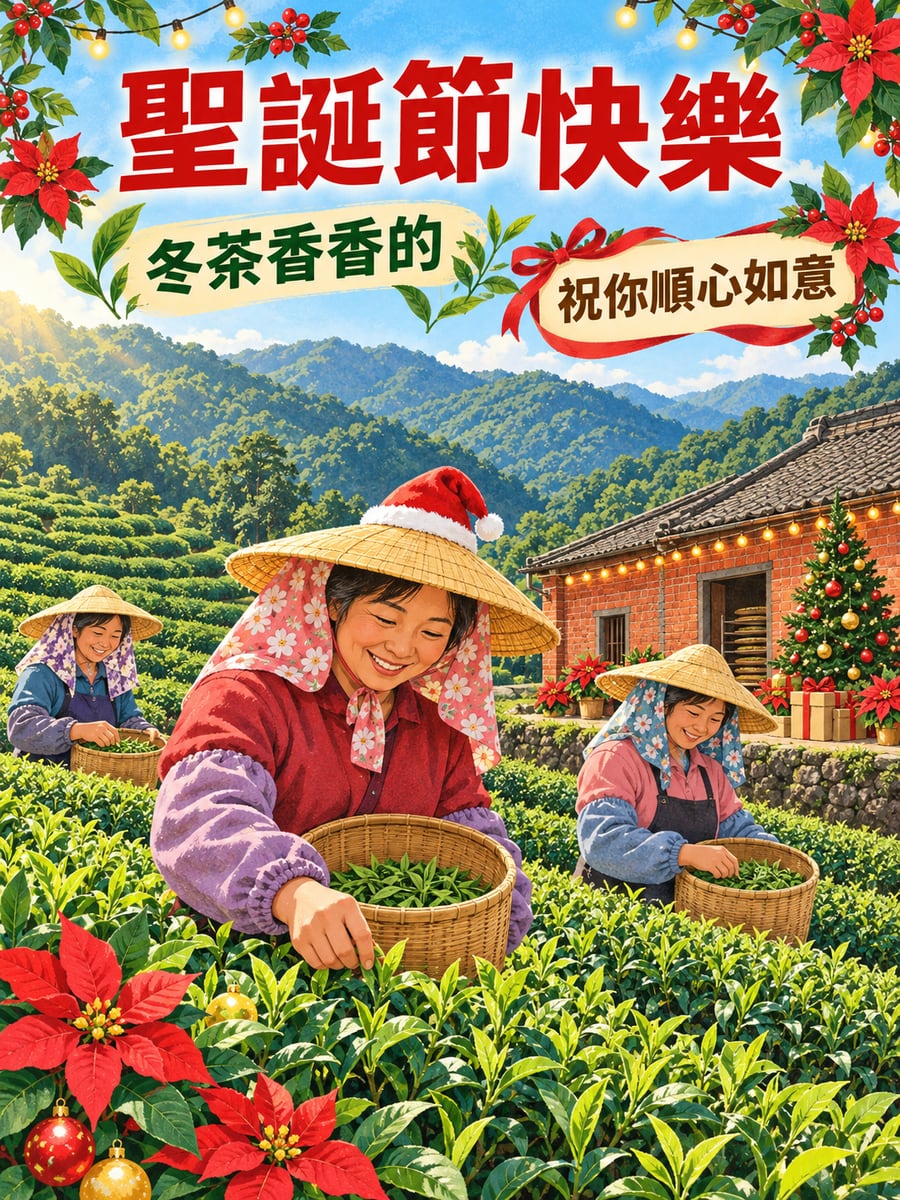 採冬茶的聖誕帽。圖中文字：聖誕節快樂，冬茶香香的，祝你順心如意