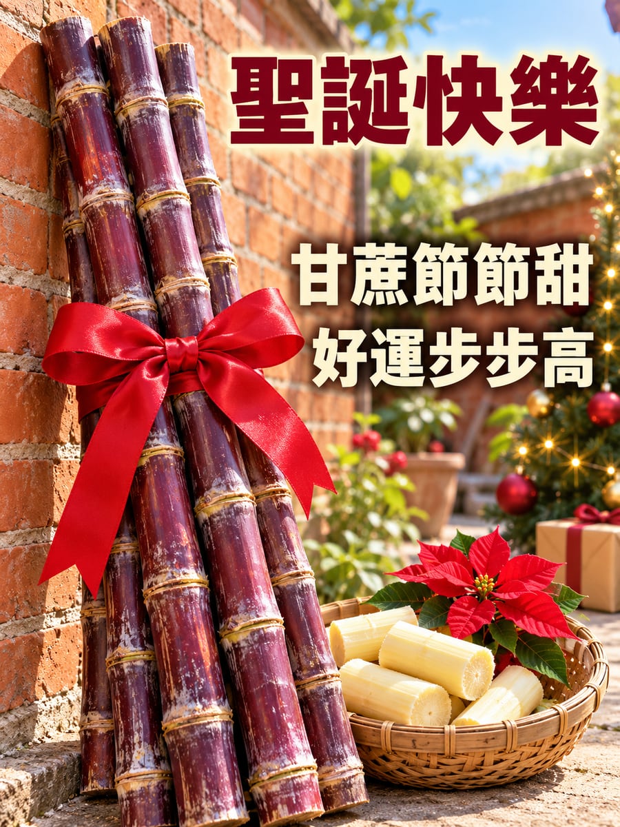 綁紅緞帶的紅甘蔗。圖中文字：聖誕快樂，甘蔗節節甜，好運步步高