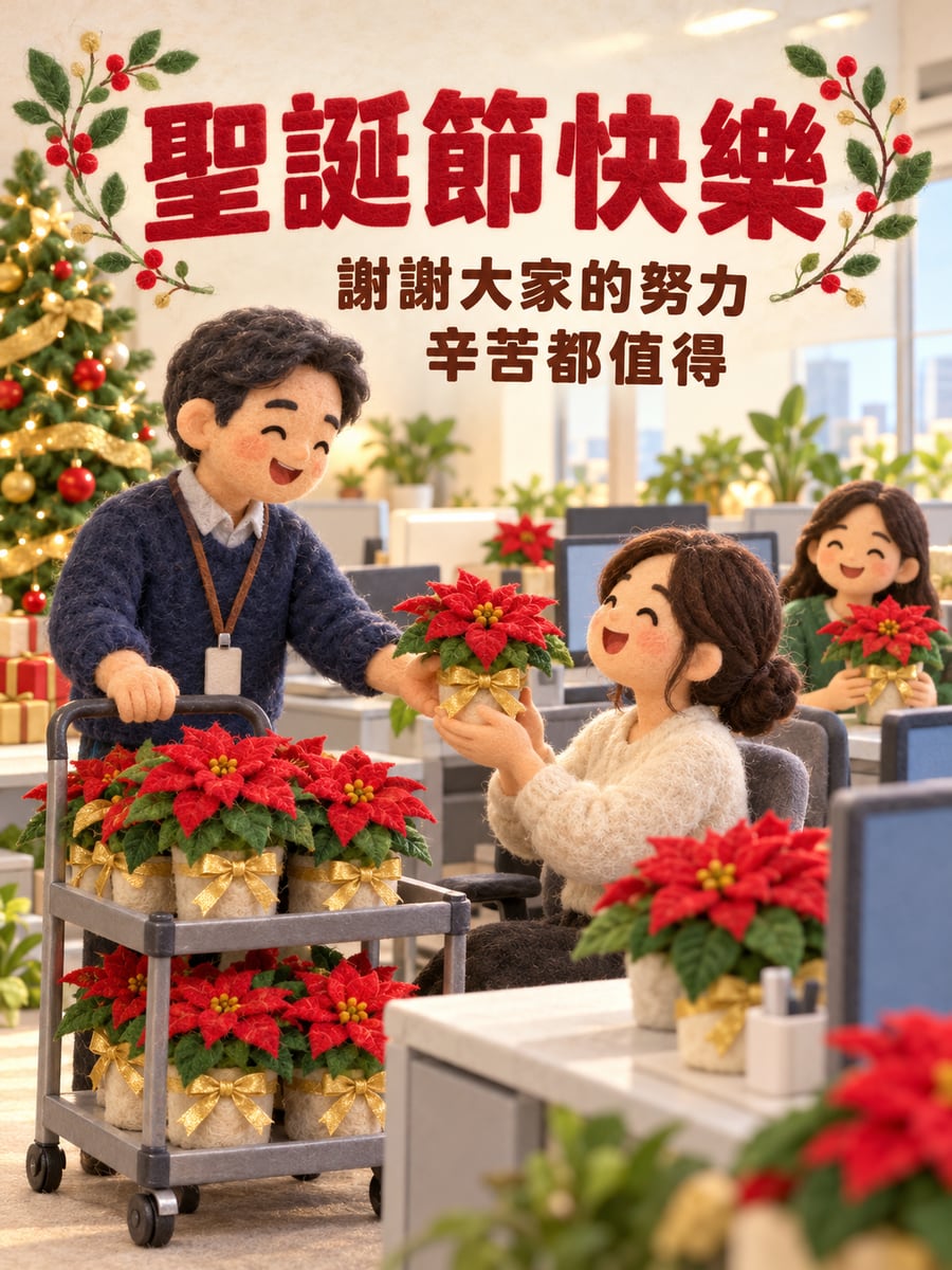 主管送的小盆聖誕紅。圖中文字：聖誕節快樂，謝謝大家的努力，辛苦都值得