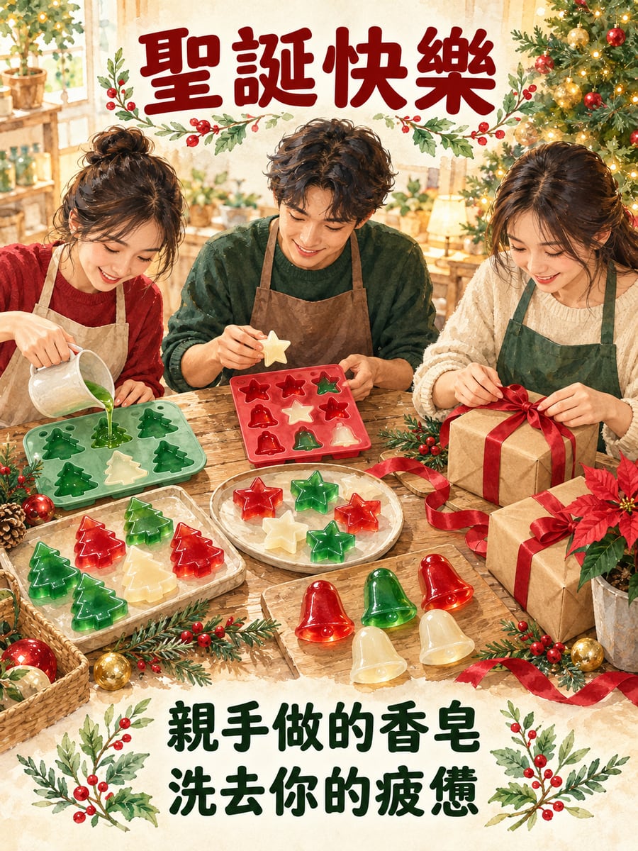 一起做聖誕手工皂。圖中文字：聖誕快樂，親手做的香皂，洗去你的疲憊