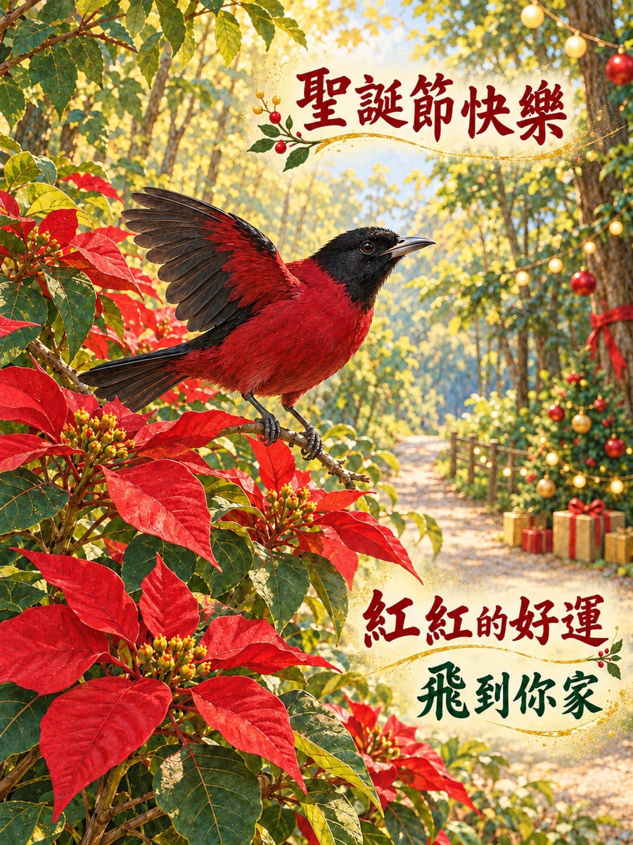 朱鸝停在聖誕紅枝頭。圖中文字：聖誕節快樂，紅紅的好運，飛到你家