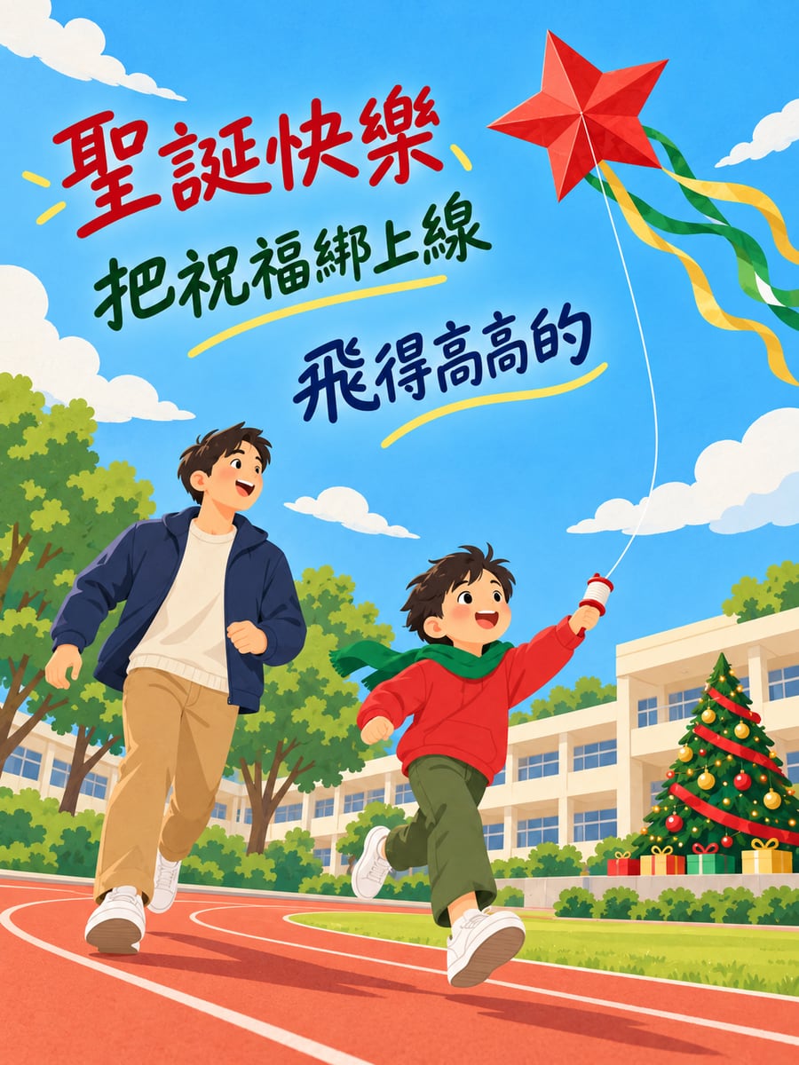 星星風箏飛起來。圖中文字：聖誕快樂，把祝福綁上線，飛得高高的
