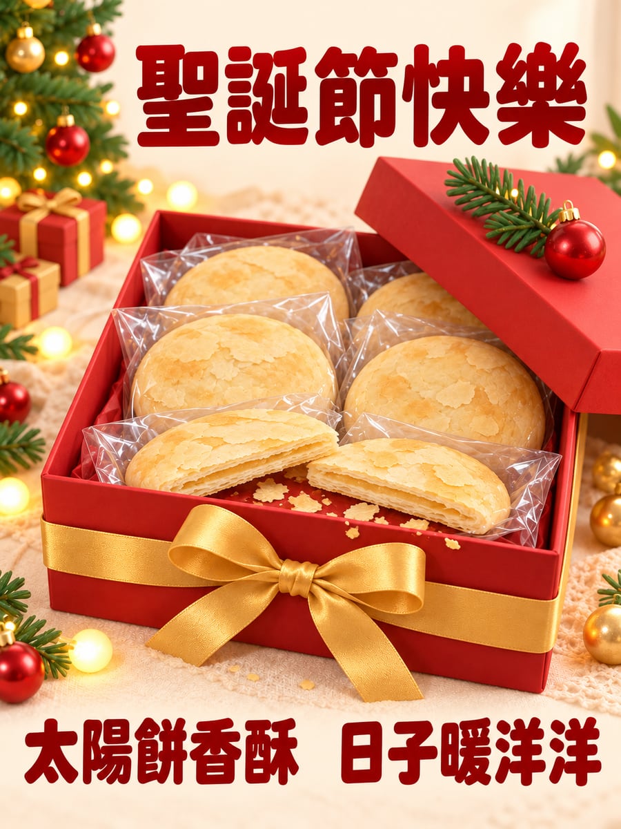 太陽餅禮盒。圖中文字：聖誕節快樂，太陽餅香酥，日子暖洋洋