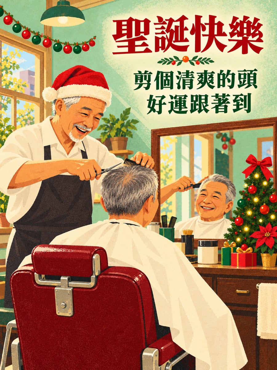 理髮阿伯戴聖誕帽。圖中文字：聖誕快樂，剪個清爽的頭，好運跟著到