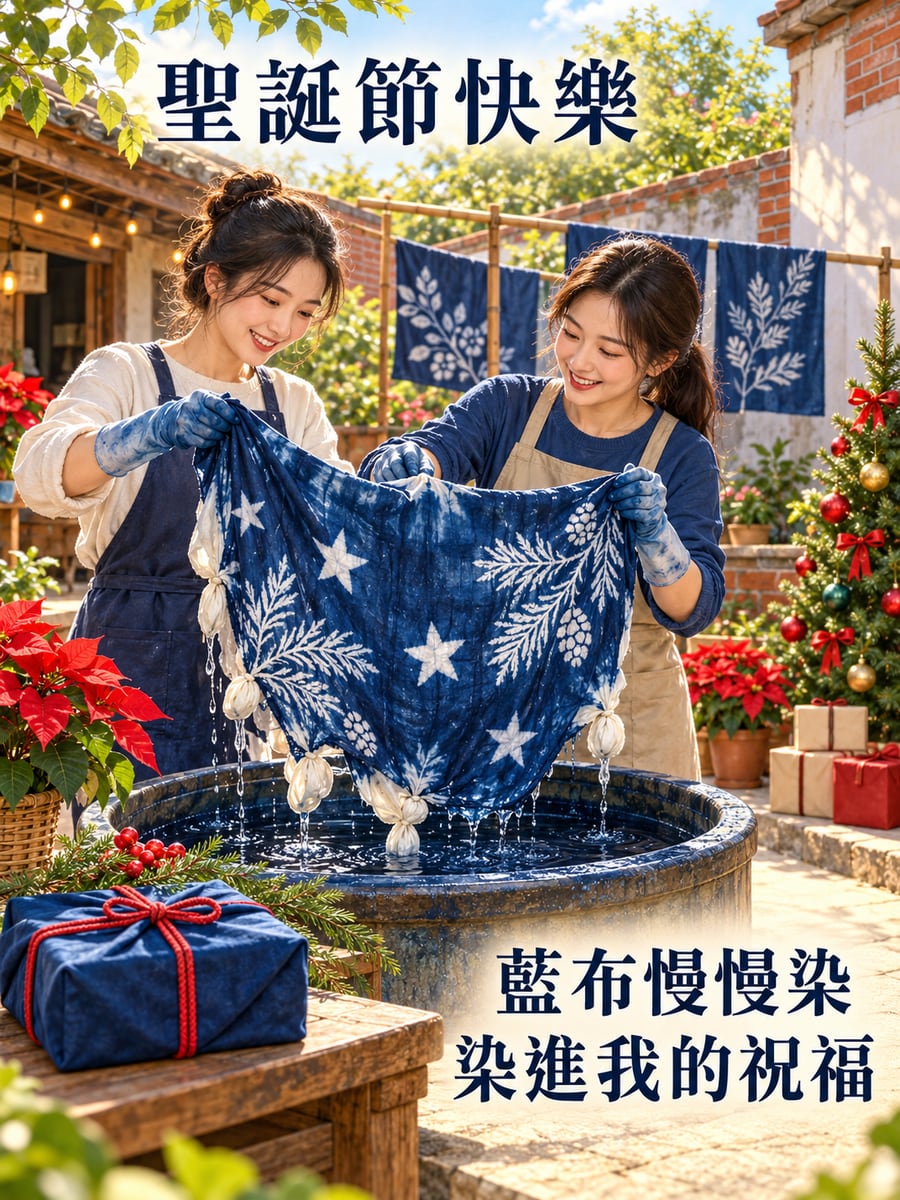 一起染藍布。圖中文字：聖誕節快樂，藍布慢慢染，染進我的祝福