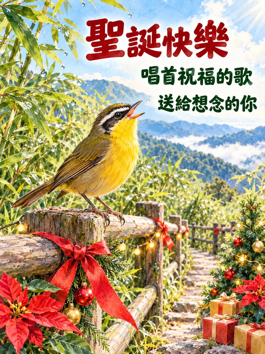 山上小黃鳥唱歌給你聽。圖中文字：聖誕快樂，唱首祝福的歌，送給想念的你