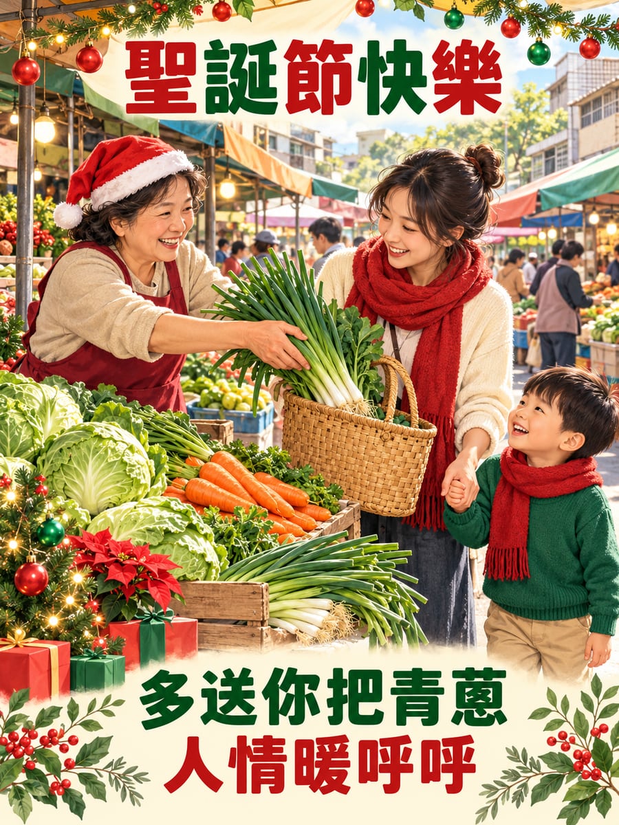 菜販多送的青蔥。圖中文字：聖誕節快樂，多送你把青蔥，人情暖呼呼