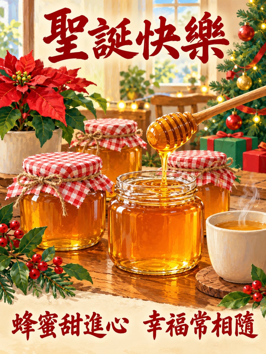 綁紅緞帶的龍眼蜜。圖中文字：聖誕快樂，蜂蜜甜進心，幸福常相隨